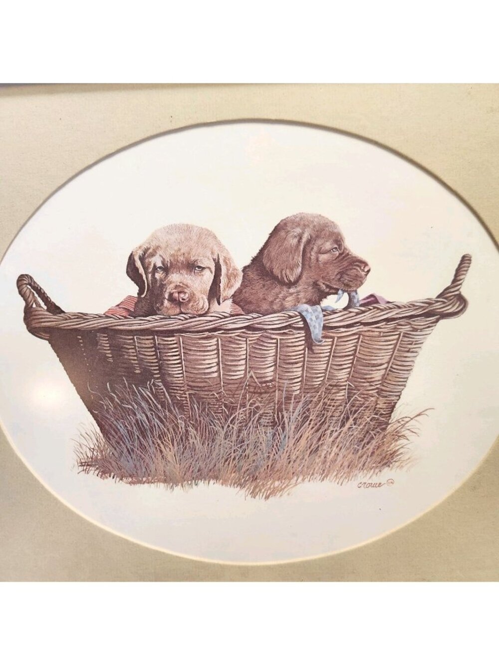 Phillip Crowe Gray Puppies In A Basket Signed Print 16.5 X 13 READ